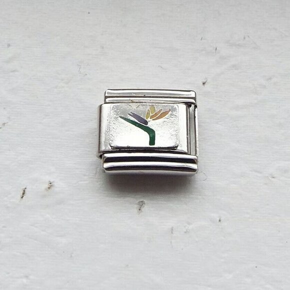 Bird of Paradise flower silver enamel 9mm stainless steel italian charm link new - Picture 1 of 2